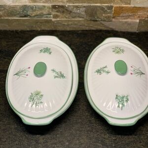 ROSCHER & CIE | Set of 2 | Porcelain Oval Casseroles w/ Lids | Herb Pattern